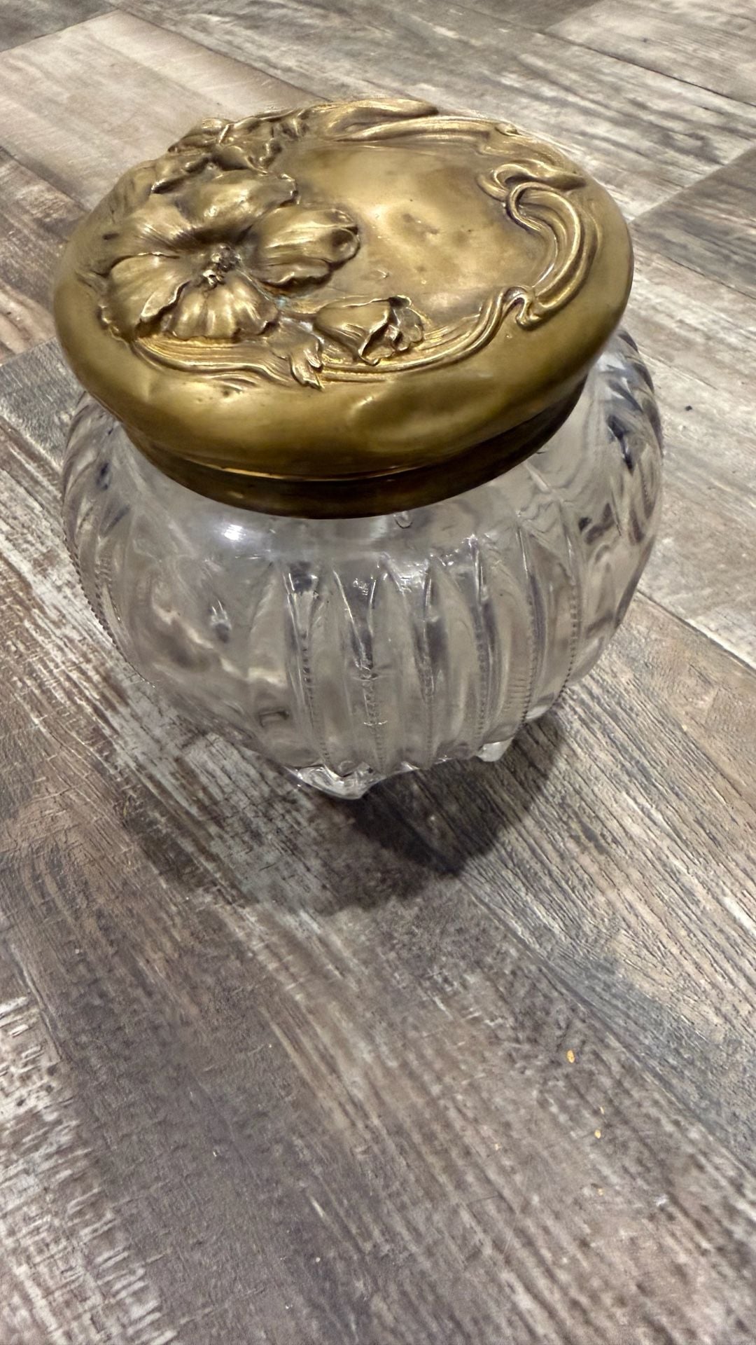 Art Nouveau Cut Glass Dresser Jar with Brass Floral Lid 5