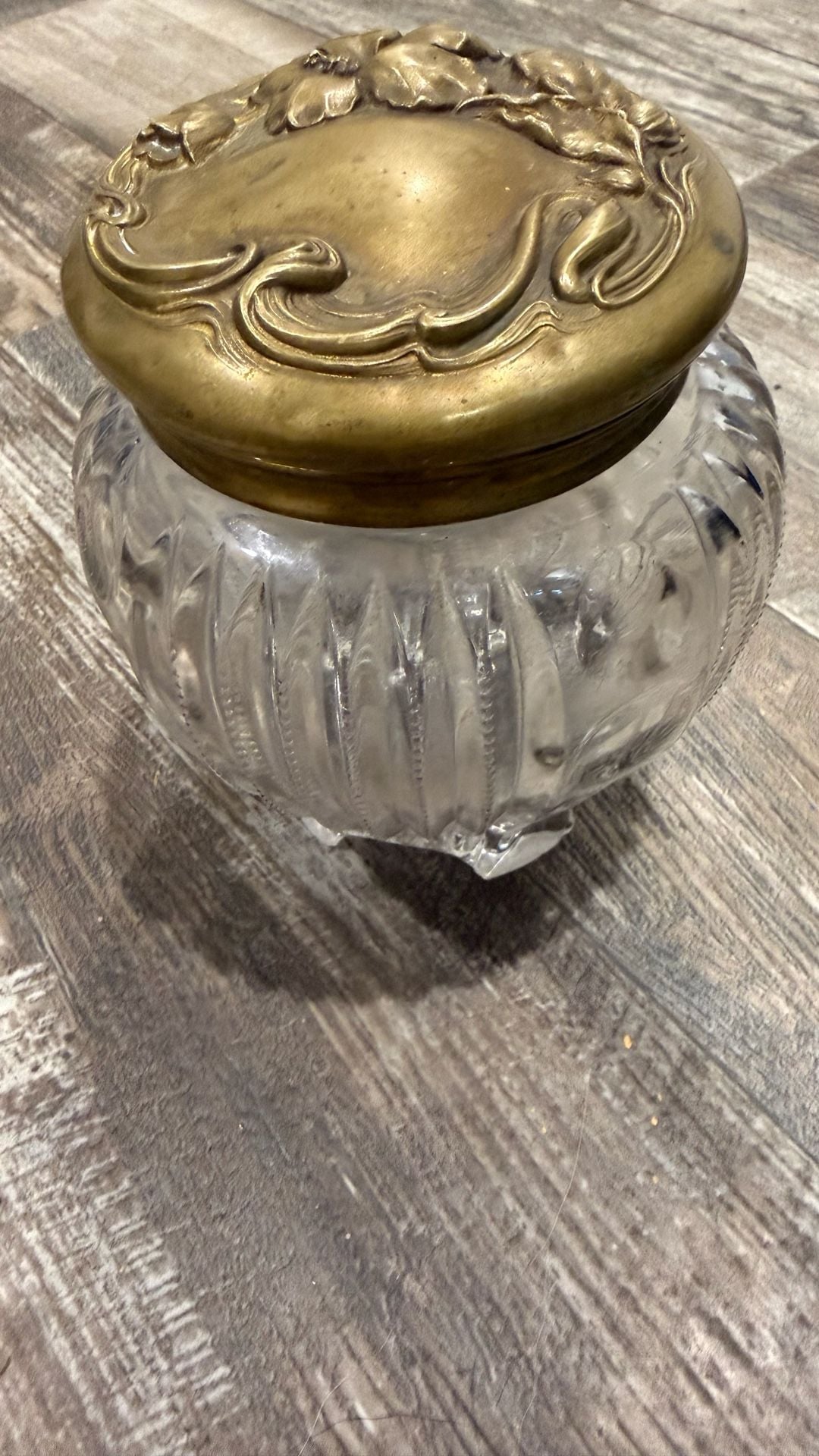 Art Nouveau Cut Glass Dresser Jar with Brass Floral Lid 6