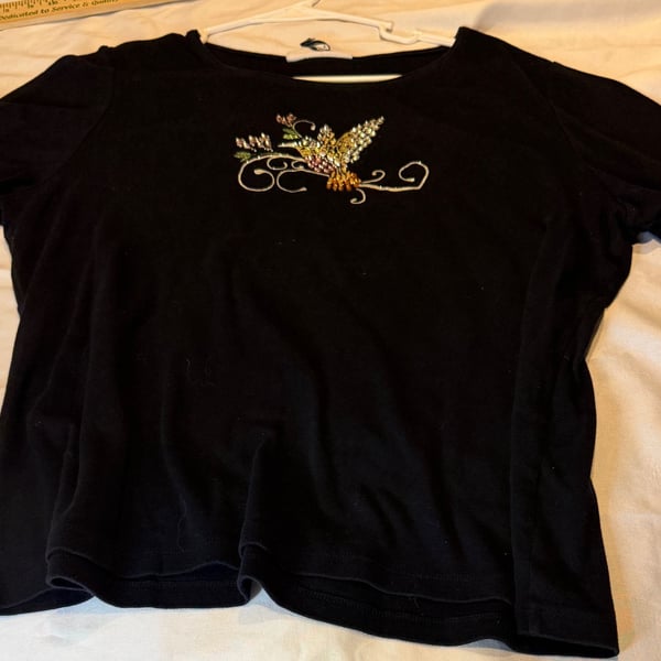 Karen Scott Beaded Hummingbird T-Shirt Size XXL Black Short Sleeve