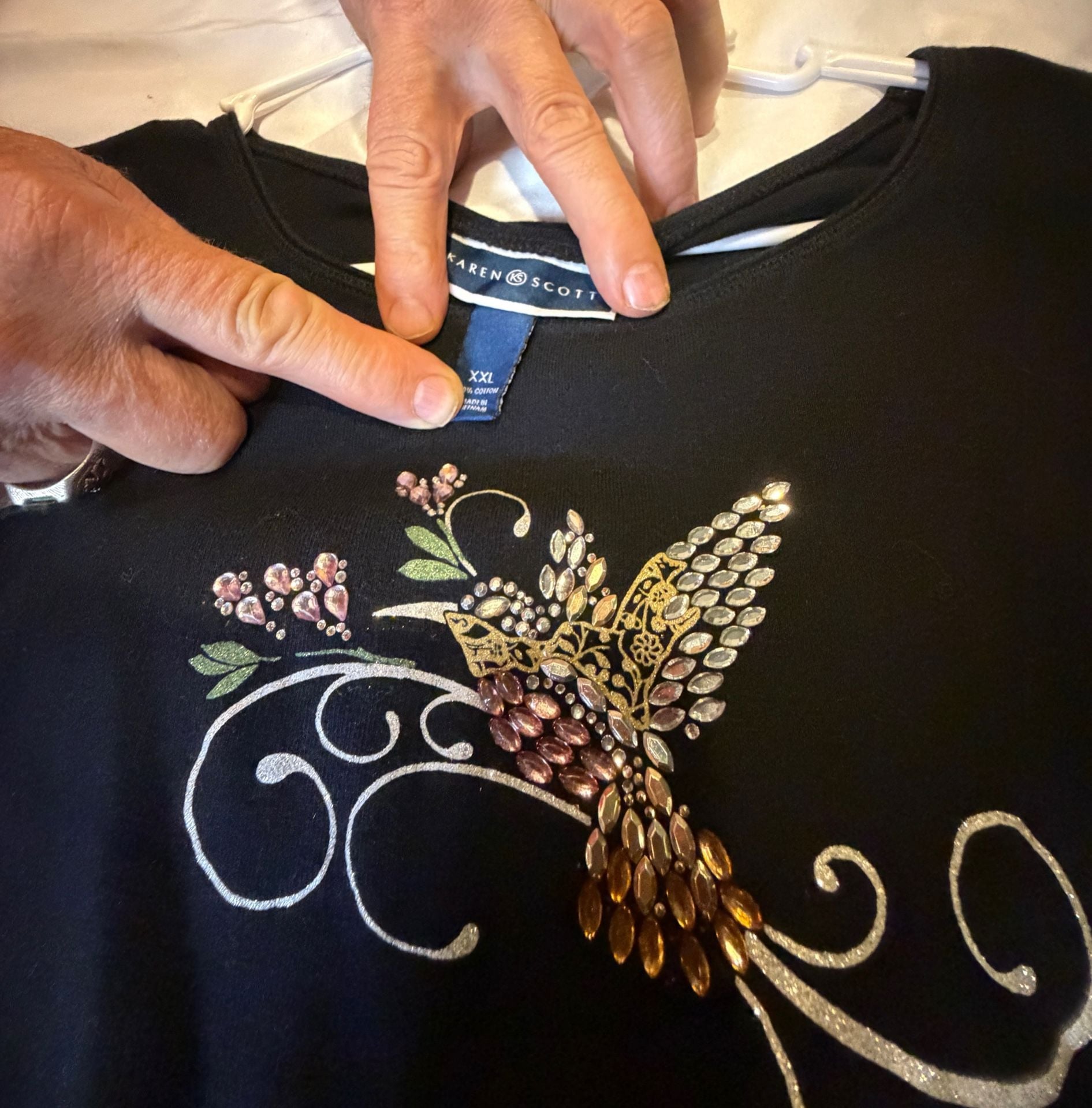 Karen Scott Beaded Hummingbird T-Shirt Size XXL Black Short Sleeve 7