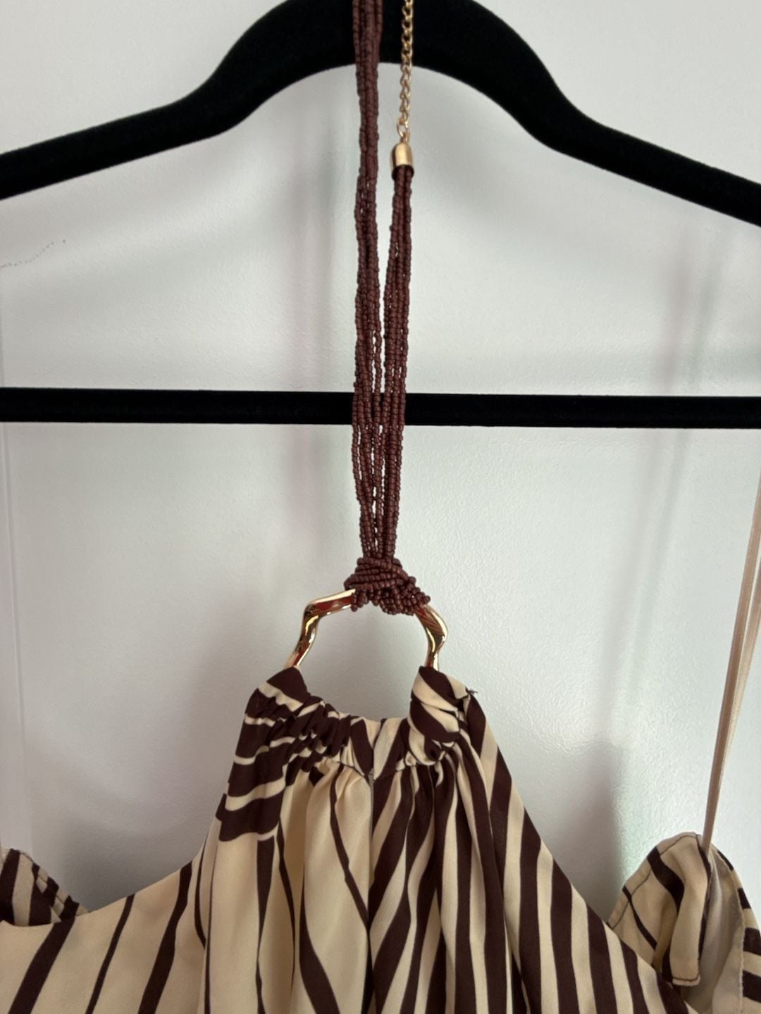 Zara Halter Top Size XL Brown Beige Striped Scarf Cami Backless 4