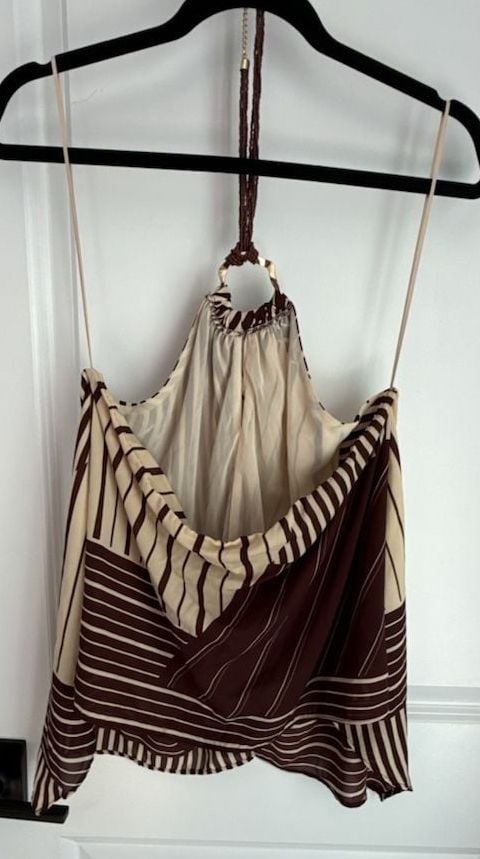 Zara Halter Top Size XL Brown Beige Striped Scarf Cami Backless 7