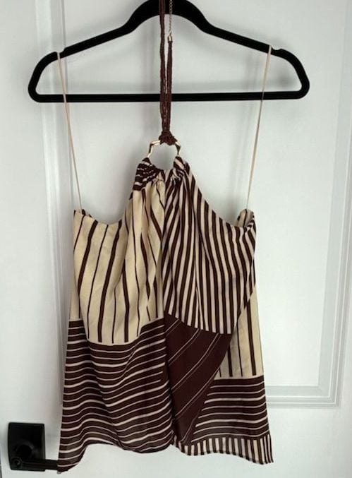 Zara Halter Top Size XL Brown Beige Striped Scarf Cami Backless 6