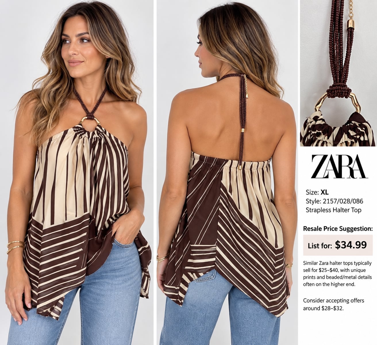 Zara Halter Top Size XL Brown Beige Striped Scarf Cami Backless 2