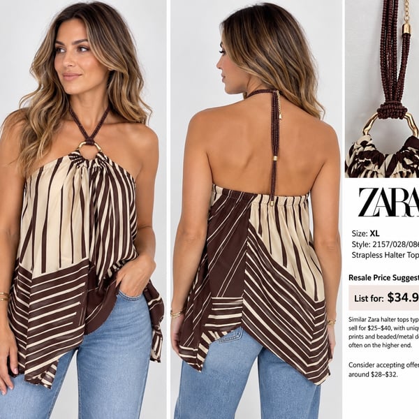Zara Halter Top Size XL Brown Beige Striped Scarf Cami Backless