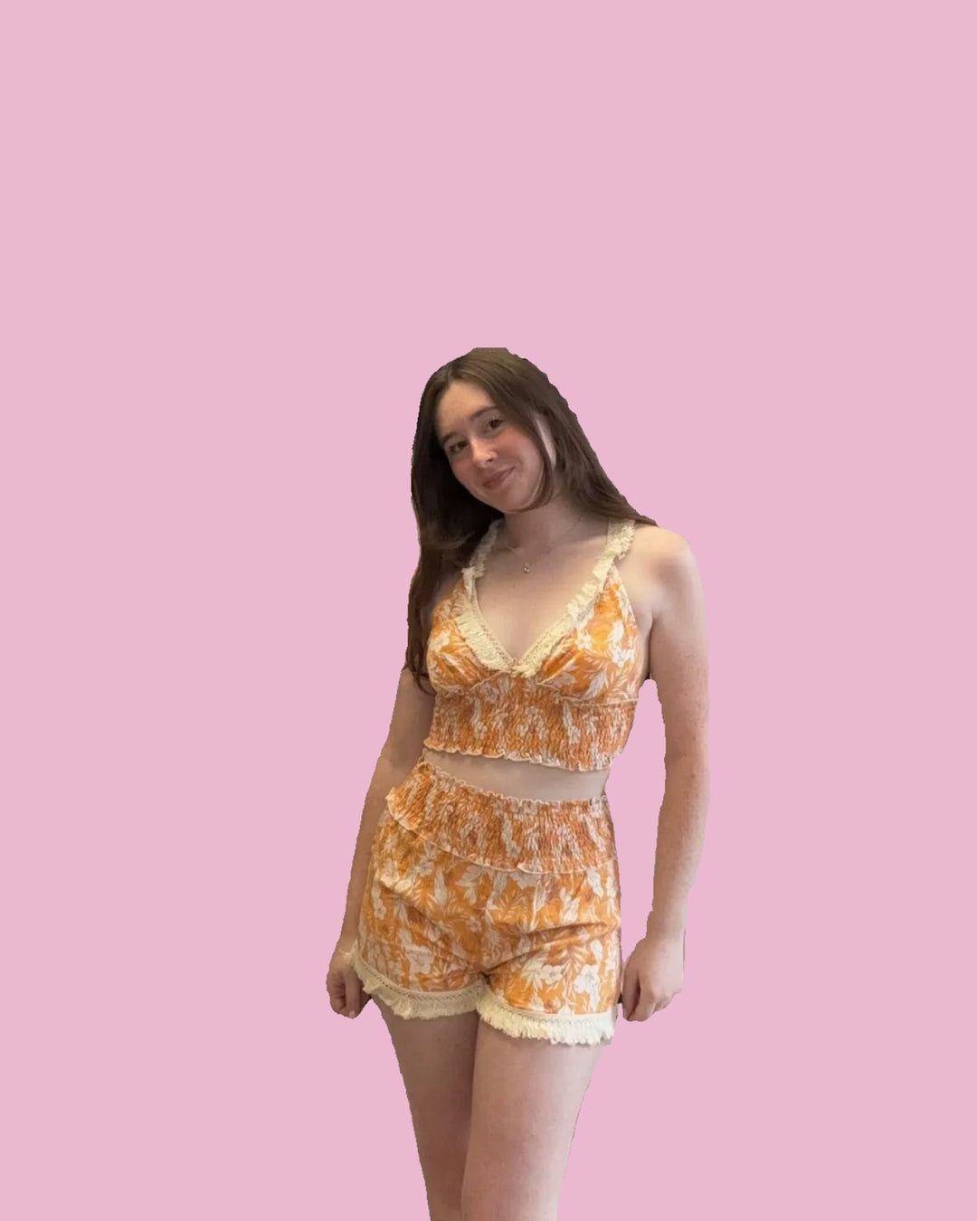 Woman’s Illa Illa Two-Piece Tank and Short Set Yellow Floral Print Smocked NWT 4