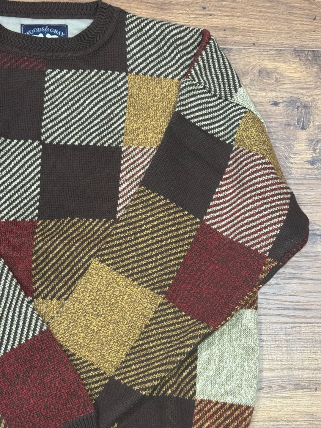 Woods & Gray Sweater Size L Brown Geometric Patchwork 3