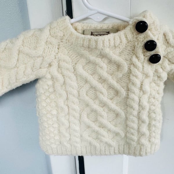 Aran Sweater Market Baby Cable Knit Sweater Size S White Merino Wool