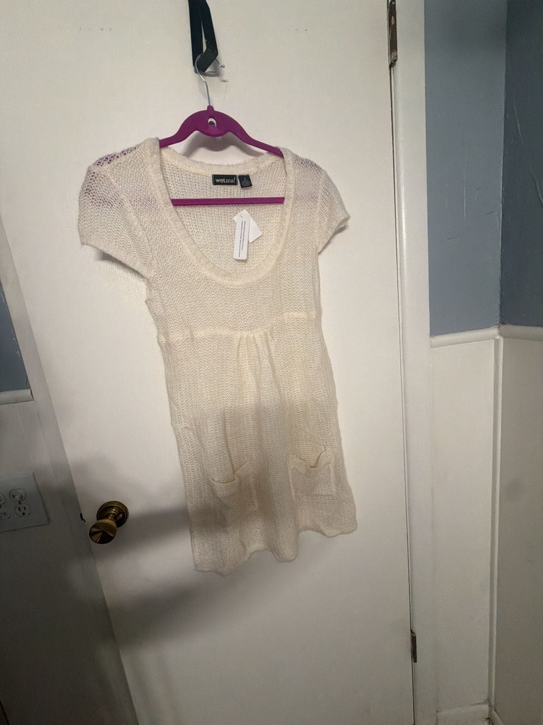 Wet Seal Sweater Size M White Tuck Stitch Top Pocket Y2K 2