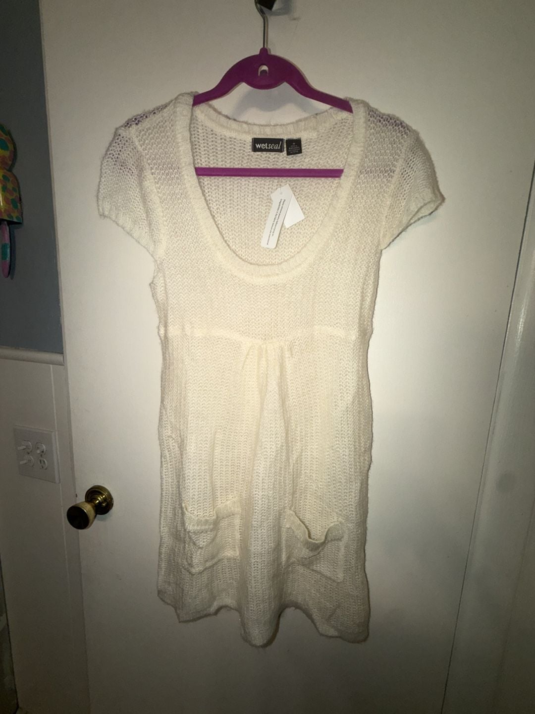 Wet Seal Sweater Size M White Tuck Stitch Top Pocket Y2K 3