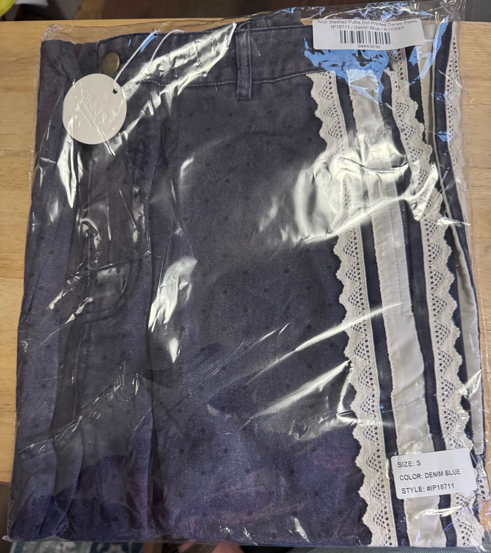NWT Oddi Los Angeles Pants Size S Blue Polka Dot Lace Trim 8
