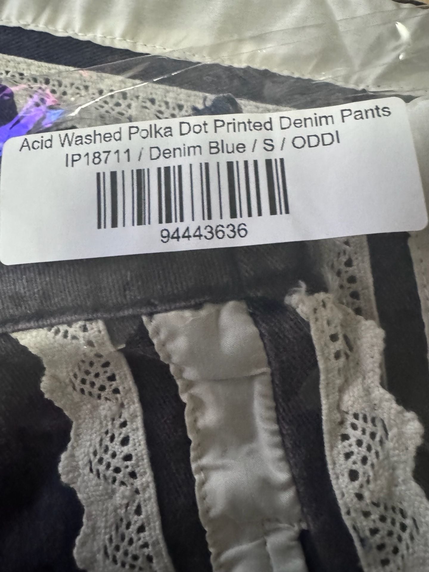 NWT Oddi Los Angeles Pants Size S Blue Polka Dot Lace Trim 10