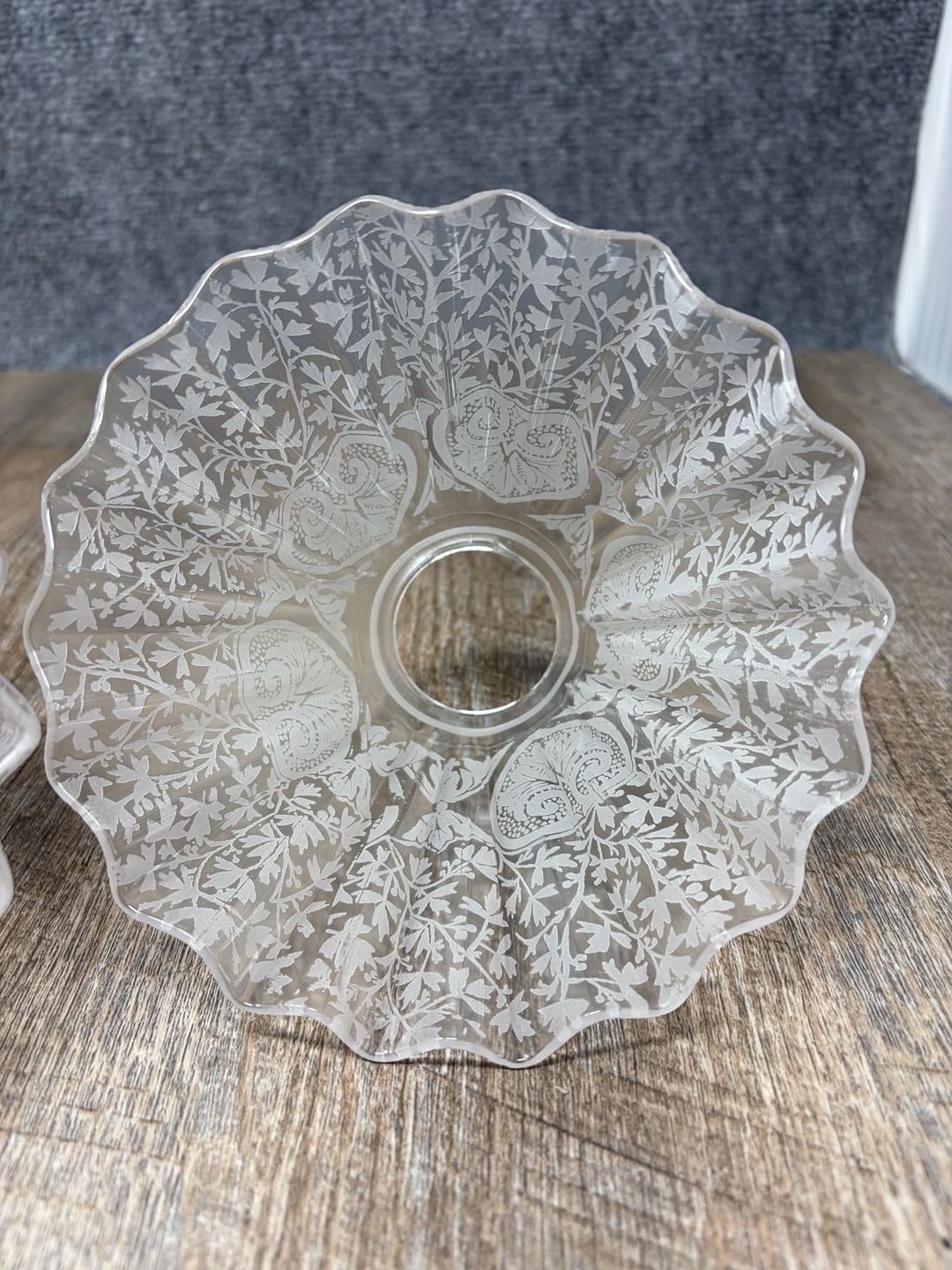 3-Antique Acid Etched Victorian Style Glass Lamp Shade ruffled Edge 2 1/8”Fitter 7