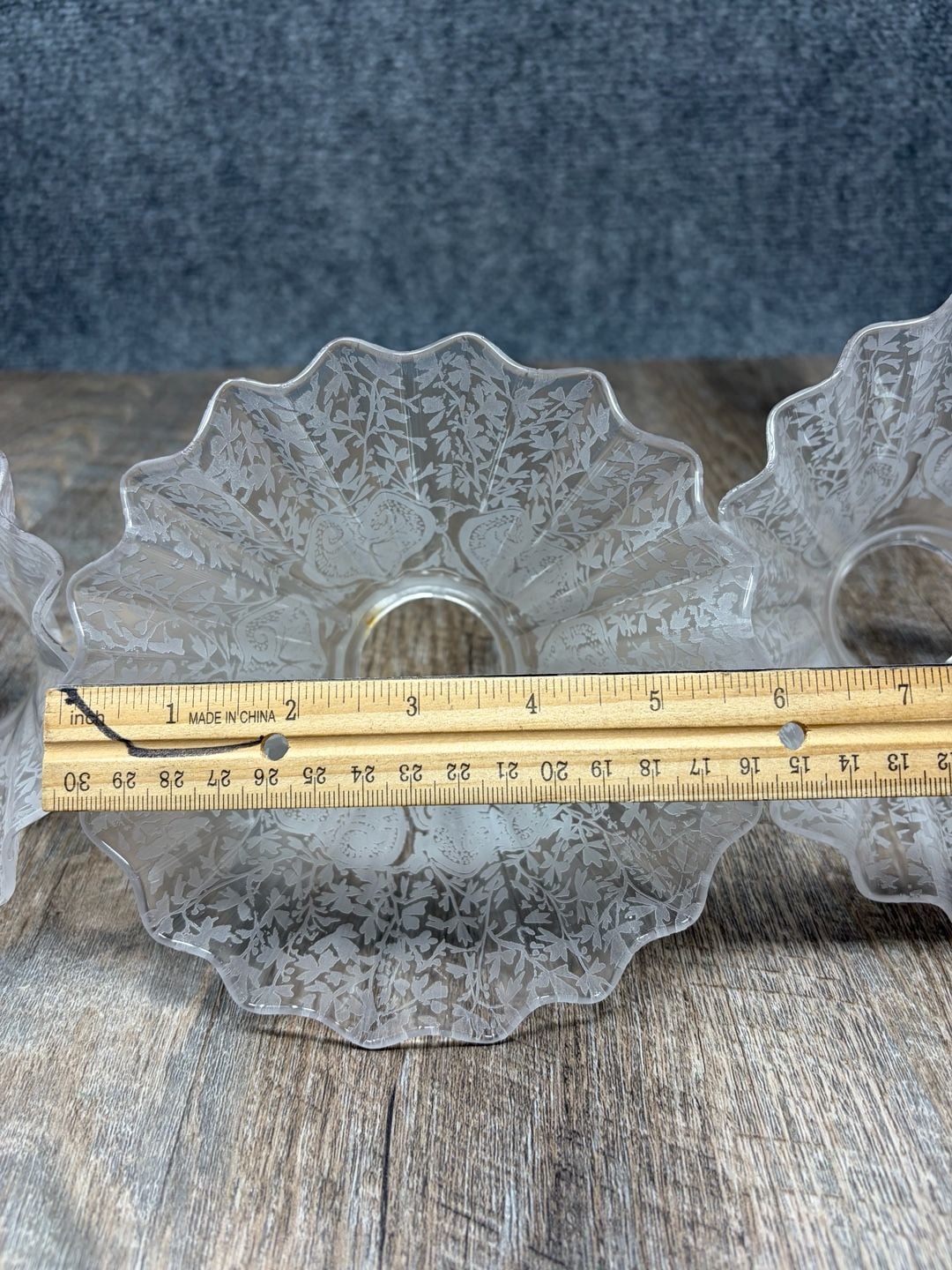 3-Antique Acid Etched Victorian Style Glass Lamp Shade ruffled Edge 2 1/8”Fitter 8