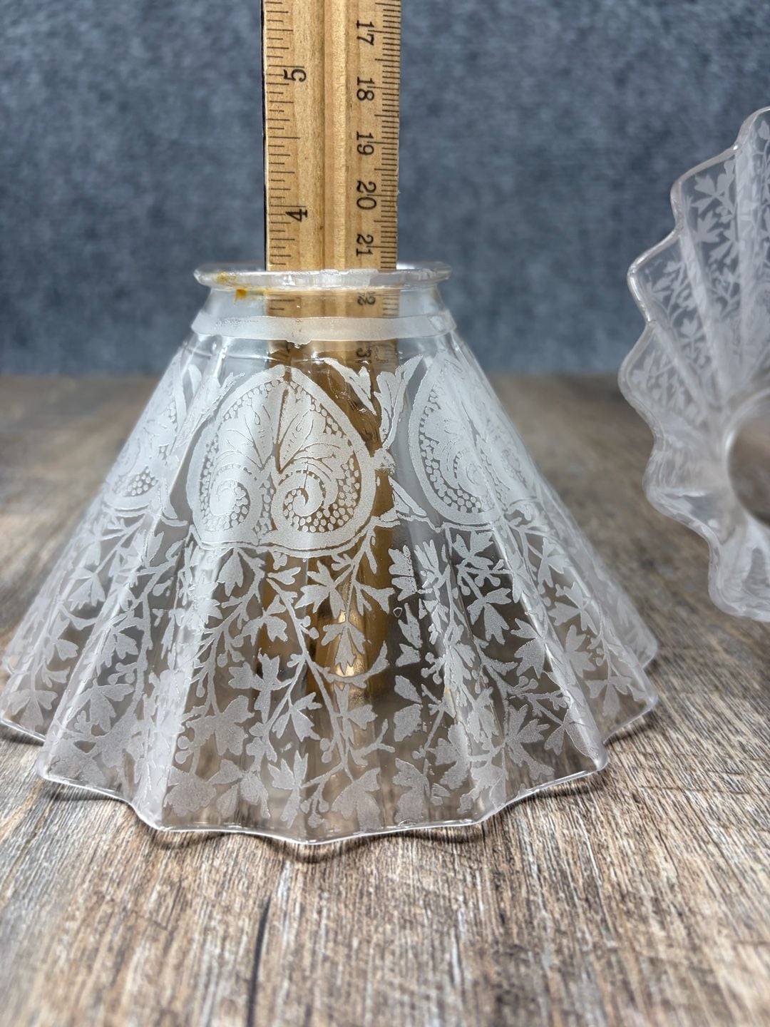 3-Antique Acid Etched Victorian Style Glass Lamp Shade ruffled Edge 2 1/8”Fitter 9