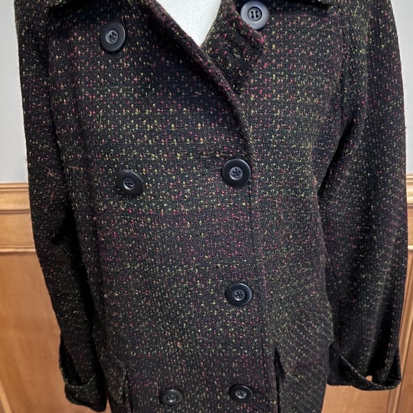 Women’s Size 12 Black Multicolor Fleck Double Breasted Wool Blend Jacket