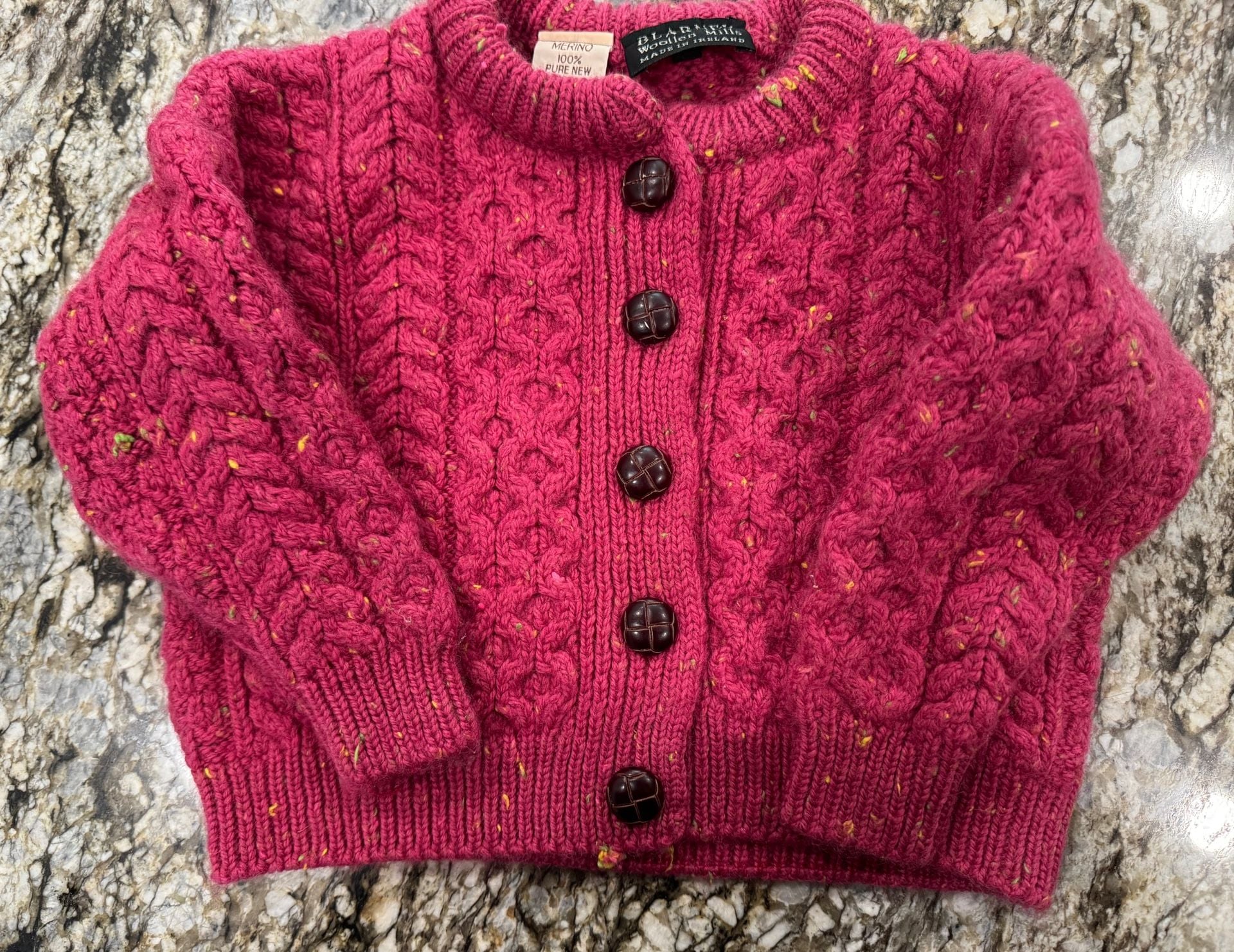 Blarney Woollen Mills Merino Wool Children’s Cardigan Size S Pink Cable Knit Sweater Made 2