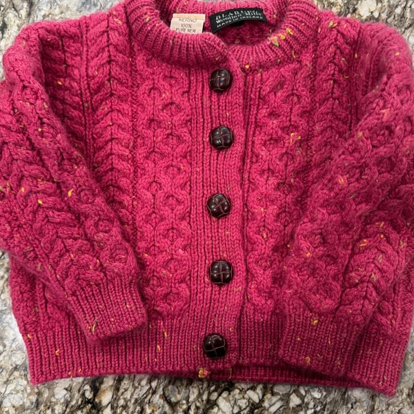 Blarney Woollen Mills Merino Wool Children’s Cardigan Size S Pink Cable Knit Sweater Made