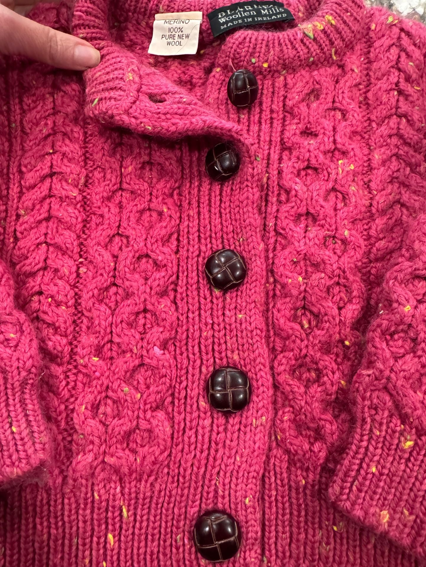 Blarney Woollen Mills Merino Wool Children’s Cardigan Size S Pink Cable Knit Sweater Made 5