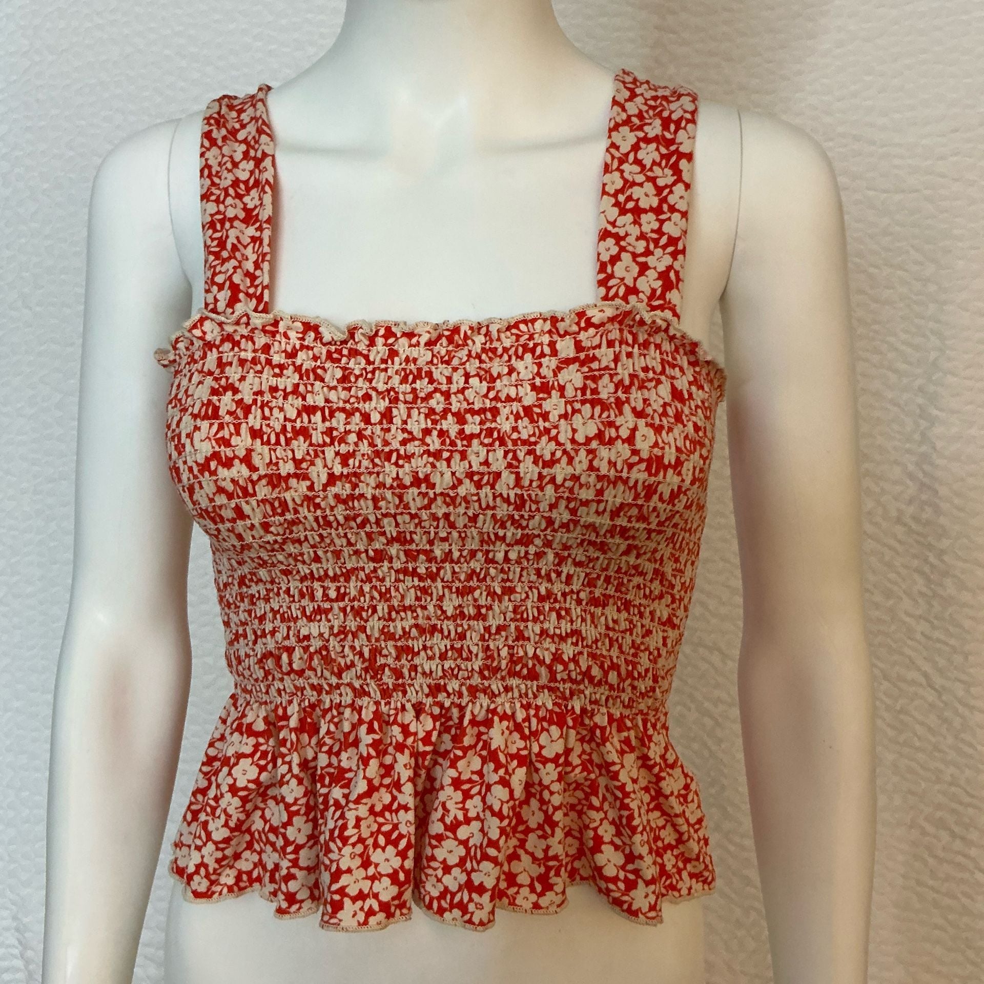Urban Outfitters Smocked Top Size XS Red White Floral Tank Peplum 2