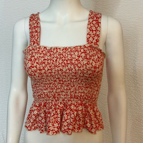 Urban Outfitters Smocked Top Size XS Red White Floral Tank Peplum