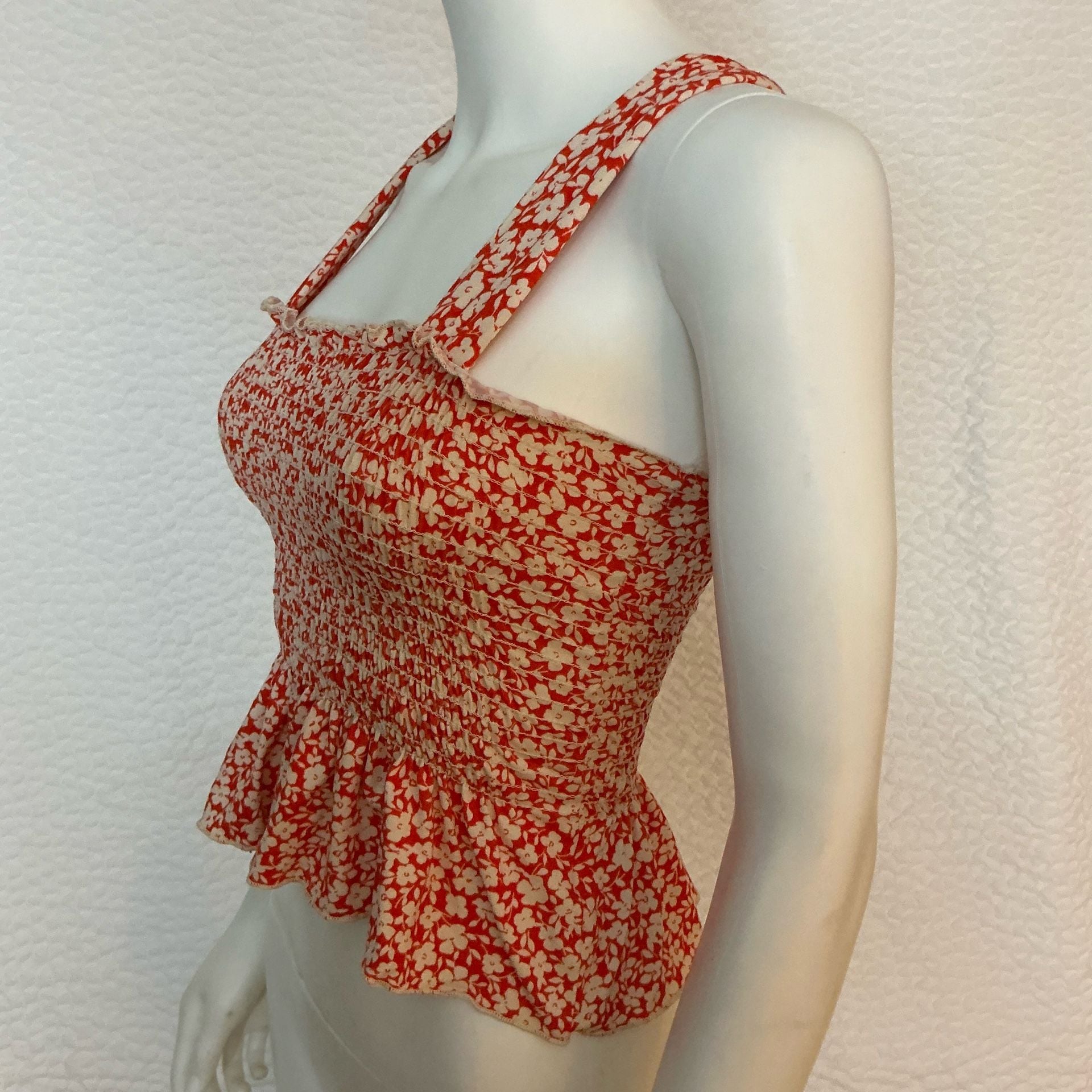Urban Outfitters Smocked Top Size XS Red White Floral Tank Peplum 4
