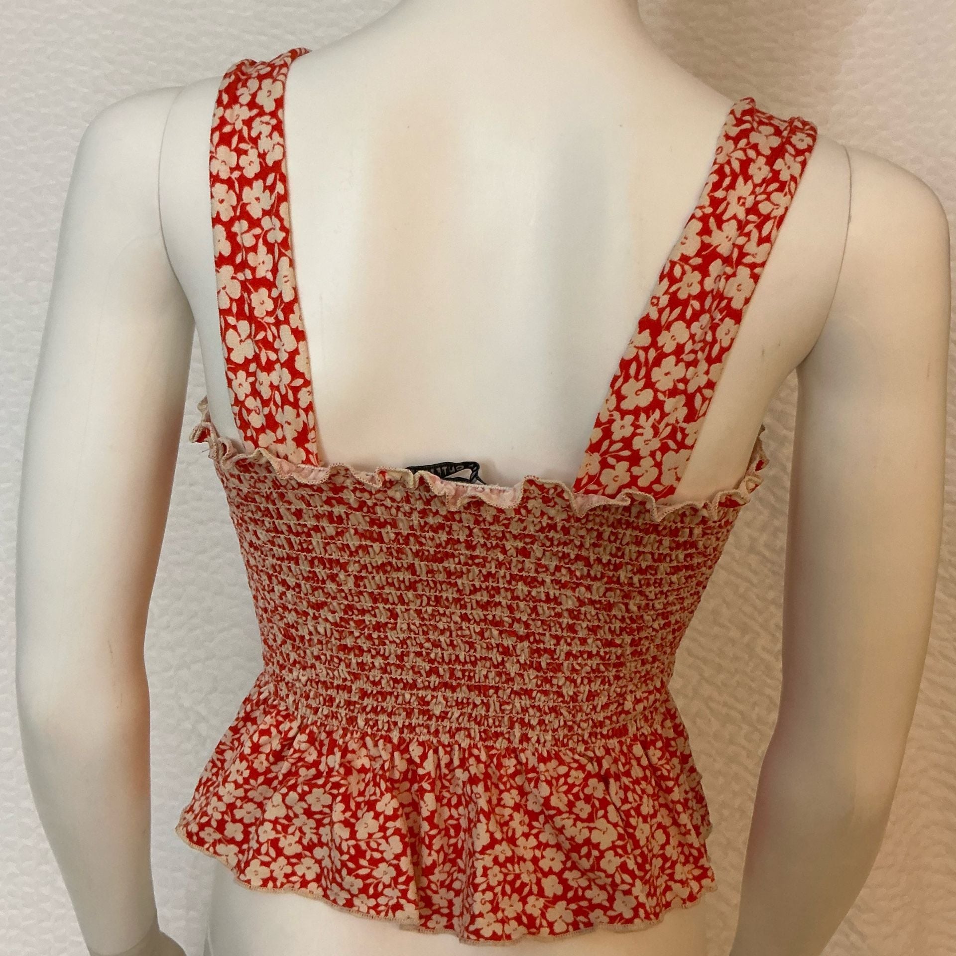 Urban Outfitters Smocked Top Size XS Red White Floral Tank Peplum 5