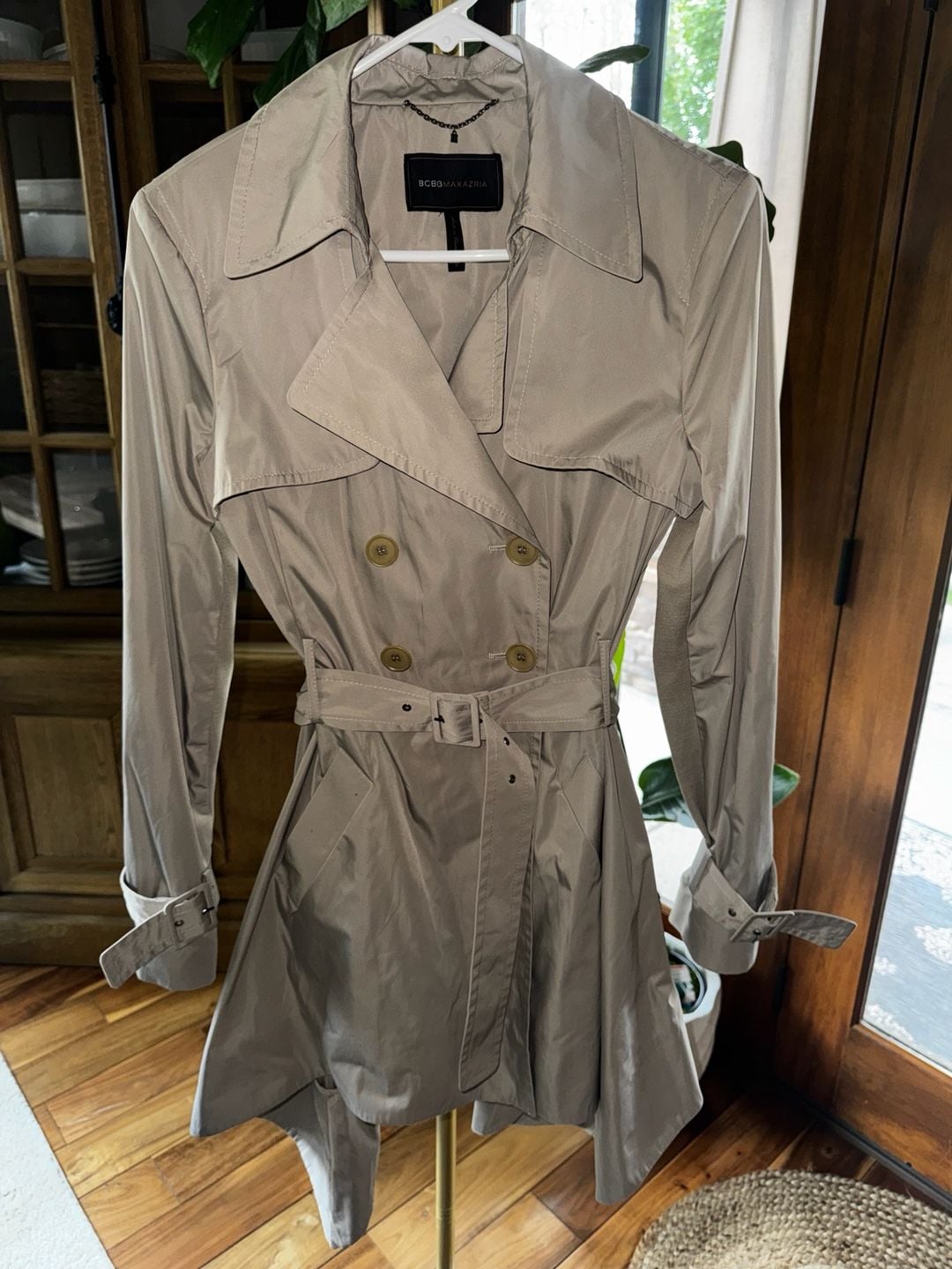 BCBG Max Azria Ophelia Trench Coat Size S Pumice Gray Ruffled Double Breasted 2