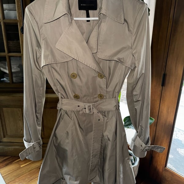 BCBG Max Azria Ophelia Trench Coat Size S Pumice Gray Ruffled Double Breasted