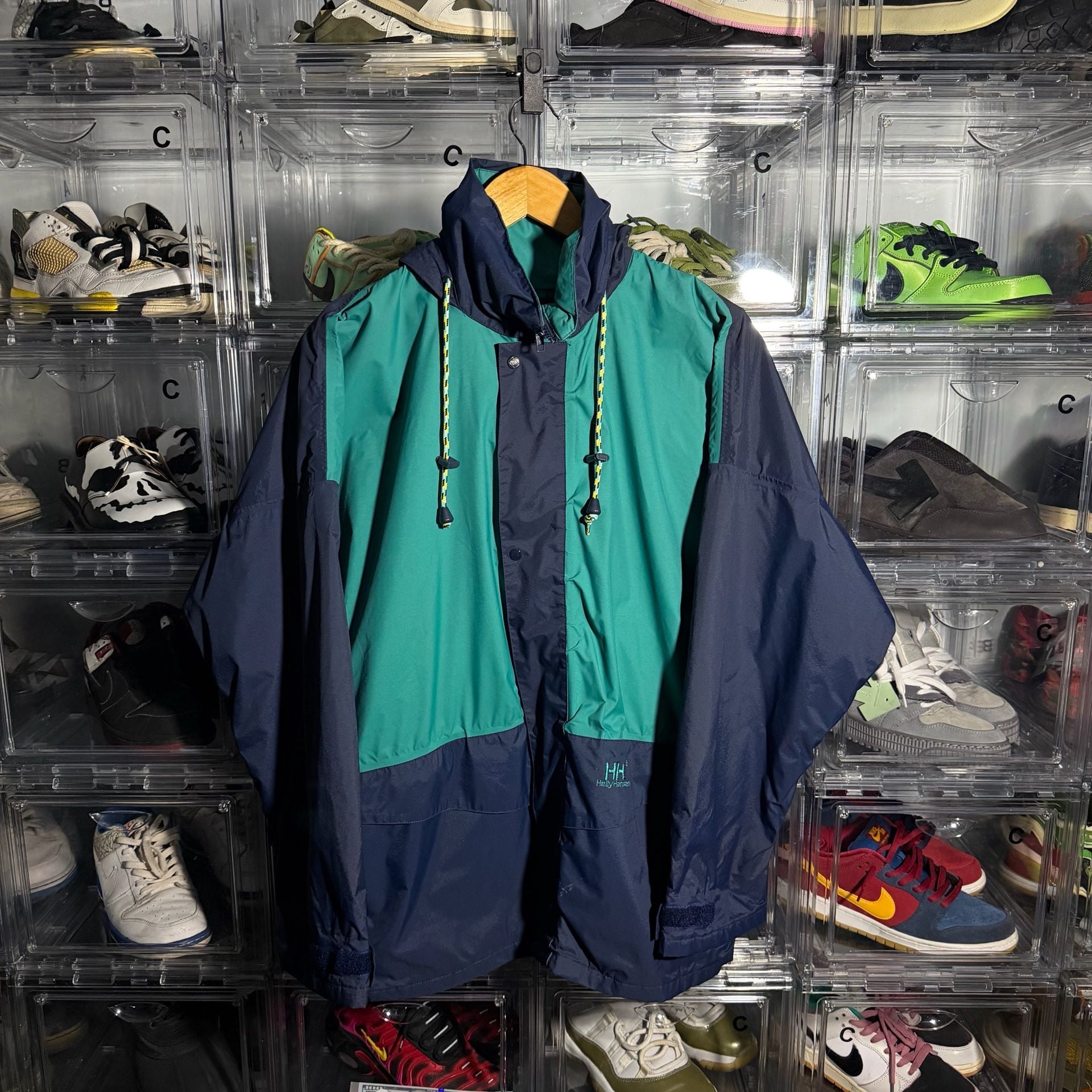 Helly Hansen Vintage Windbreaker Jacket Size L/XL Blue Green Hooded 3