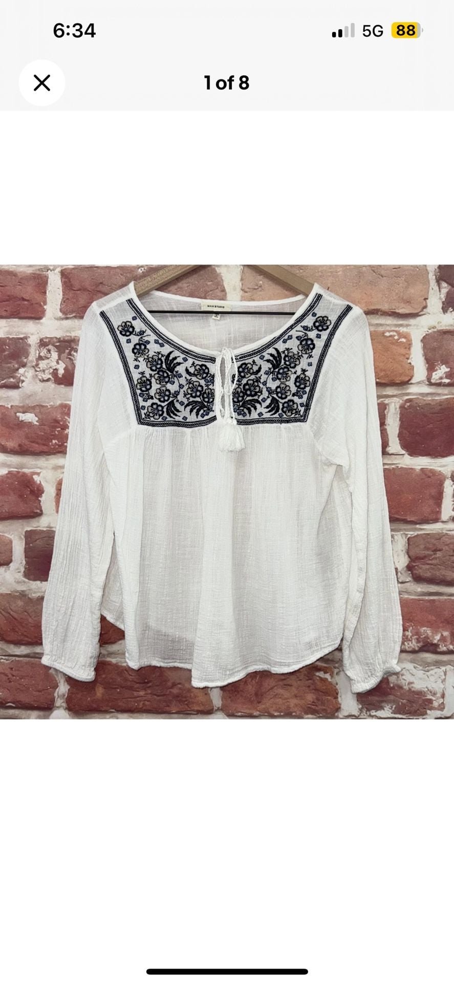Max Studio White Embroidered Tunic Top with Tassel Neckline Size L 2