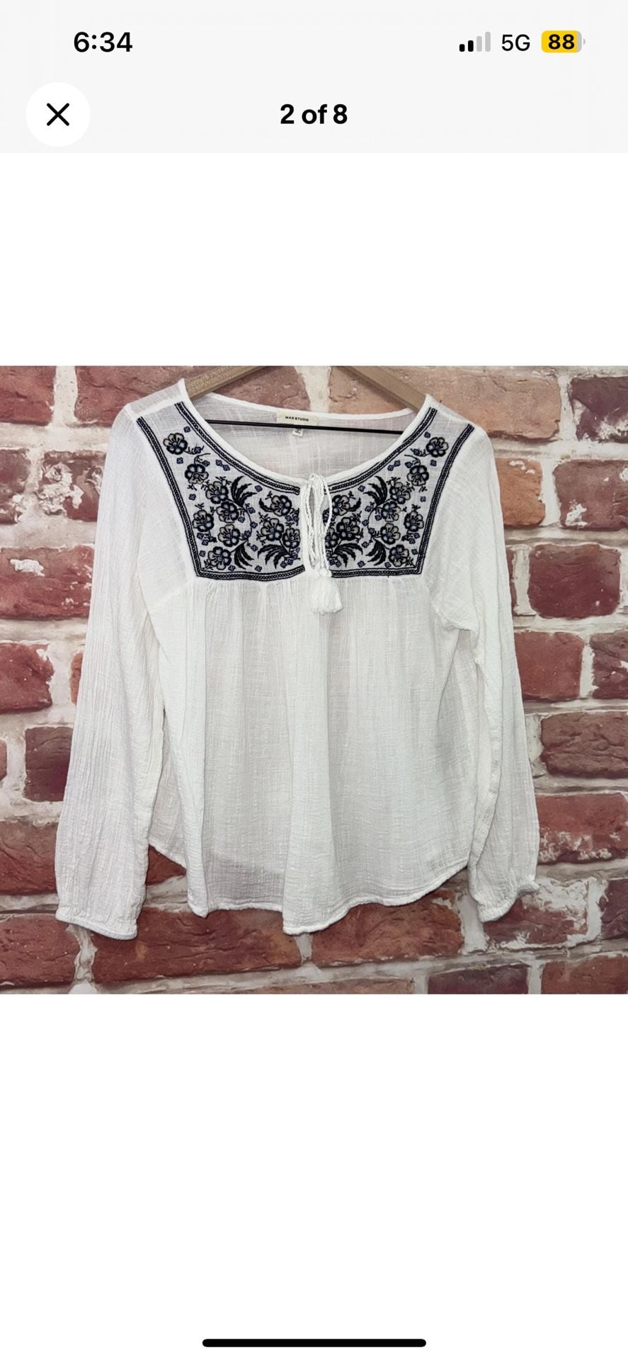 Max Studio White Embroidered Tunic Top with Tassel Neckline Size L 3