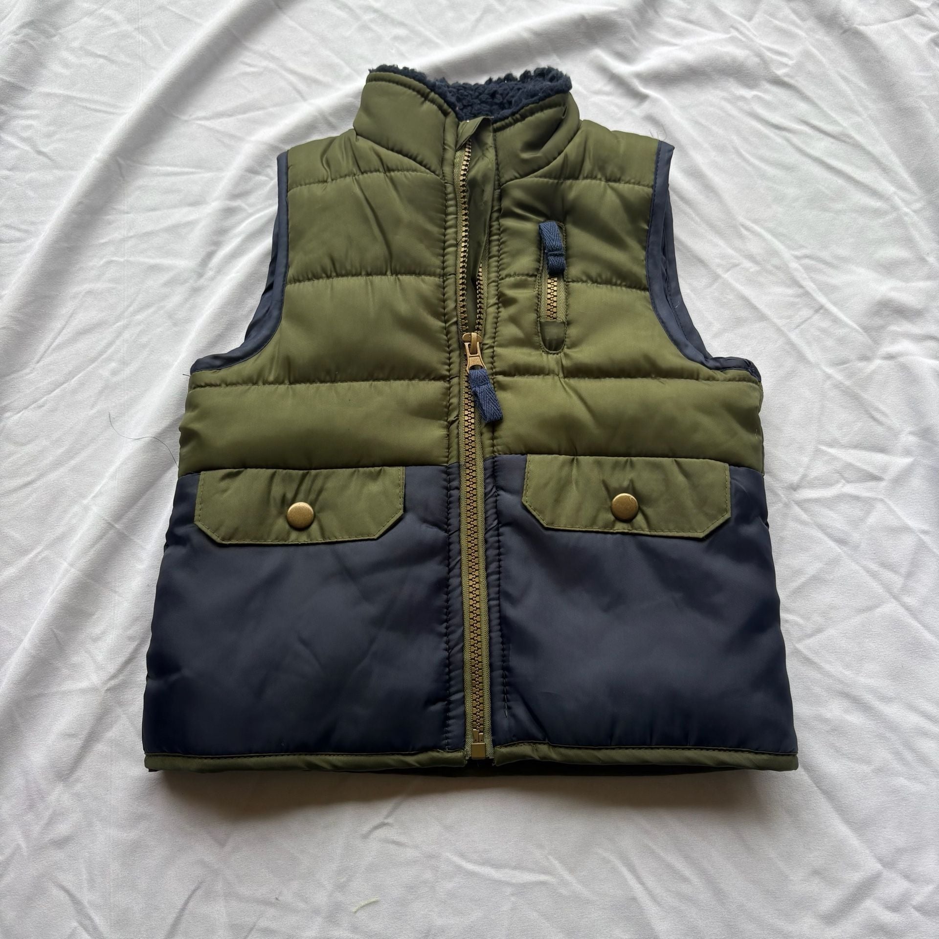 Little Lad Puffer Vest Size 3T Green Navy Sherpa Lined Zip Up 2