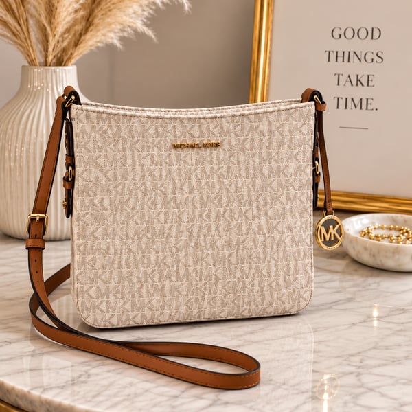 Michael Kors Jet Set Signature Logo Crossbody Bag Vanilla Brown Gold