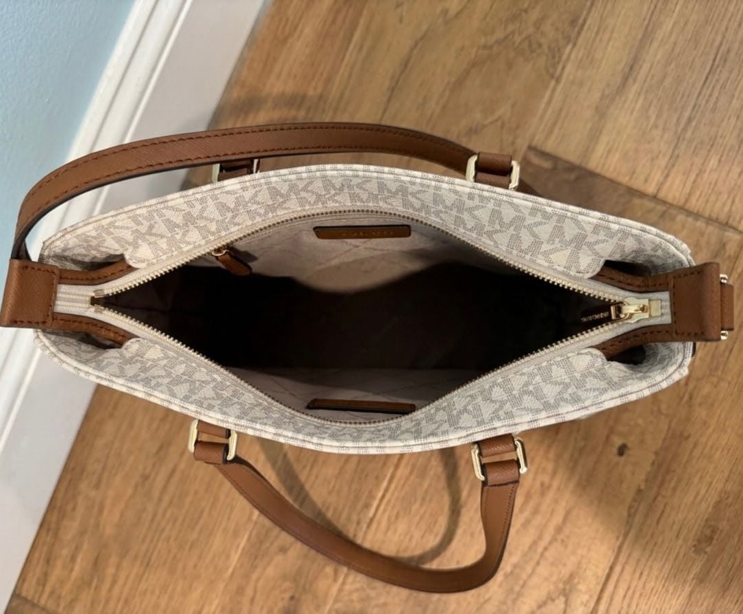 Michael Kors Jet Set Signature Logo Crossbody Bag Vanilla Brown Gold 14