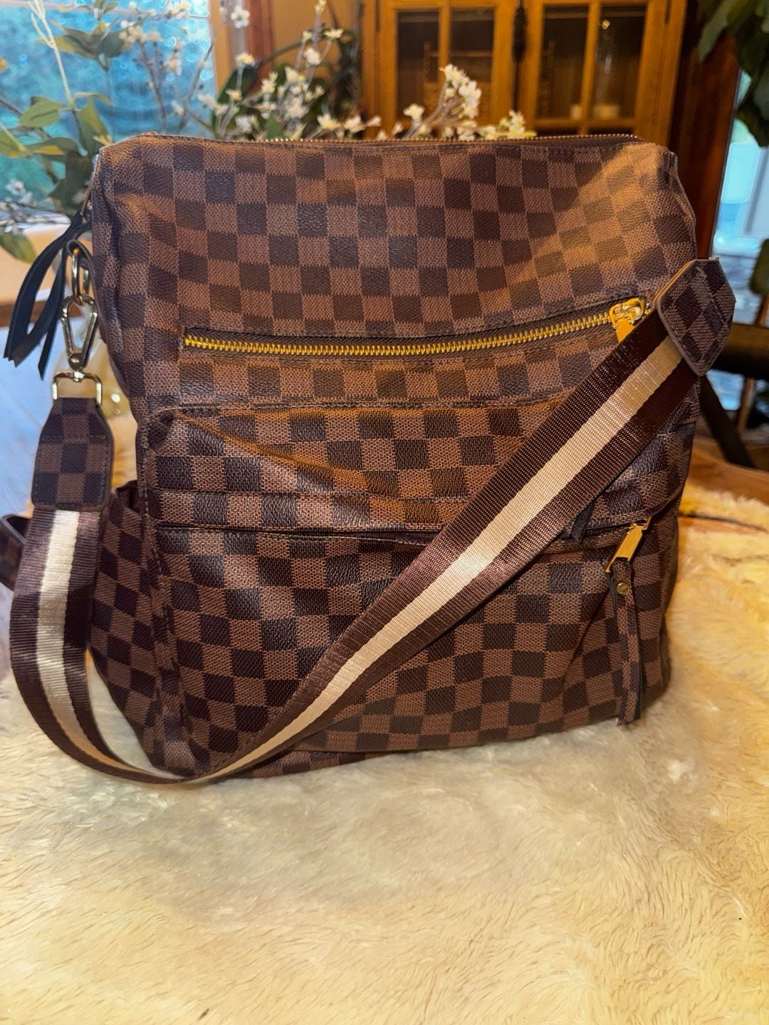 Checkered PU Backpack Brown Tassel Shoulder Bag 2