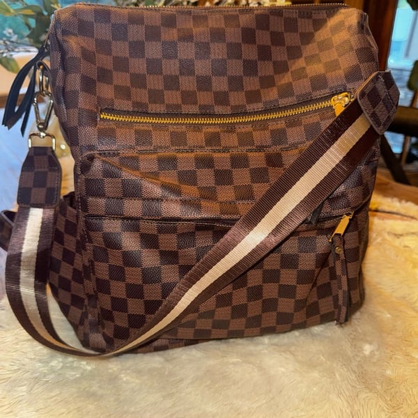 Checkered PU Backpack Brown Tassel Shoulder Bag