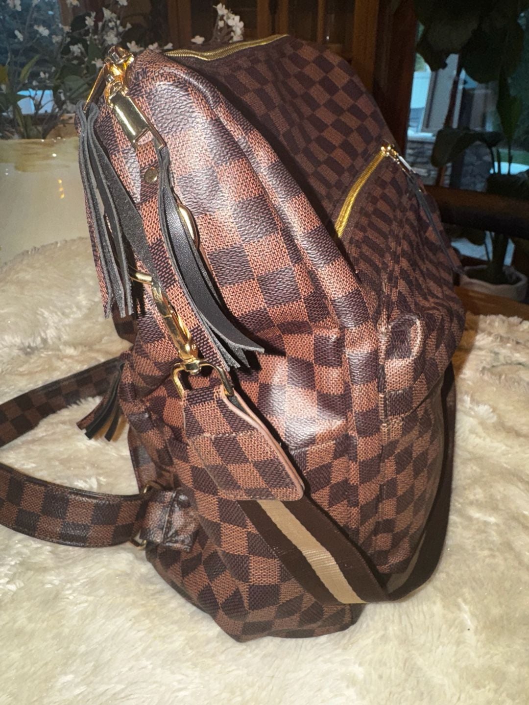 Checkered PU Backpack Brown Tassel Shoulder Bag 3