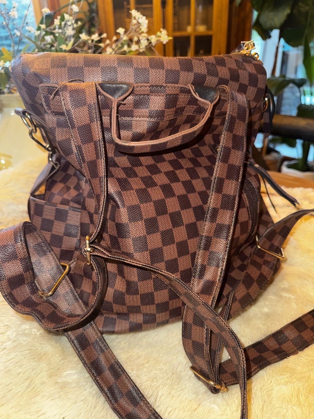 Checkered PU Backpack Brown Tassel Shoulder Bag 4