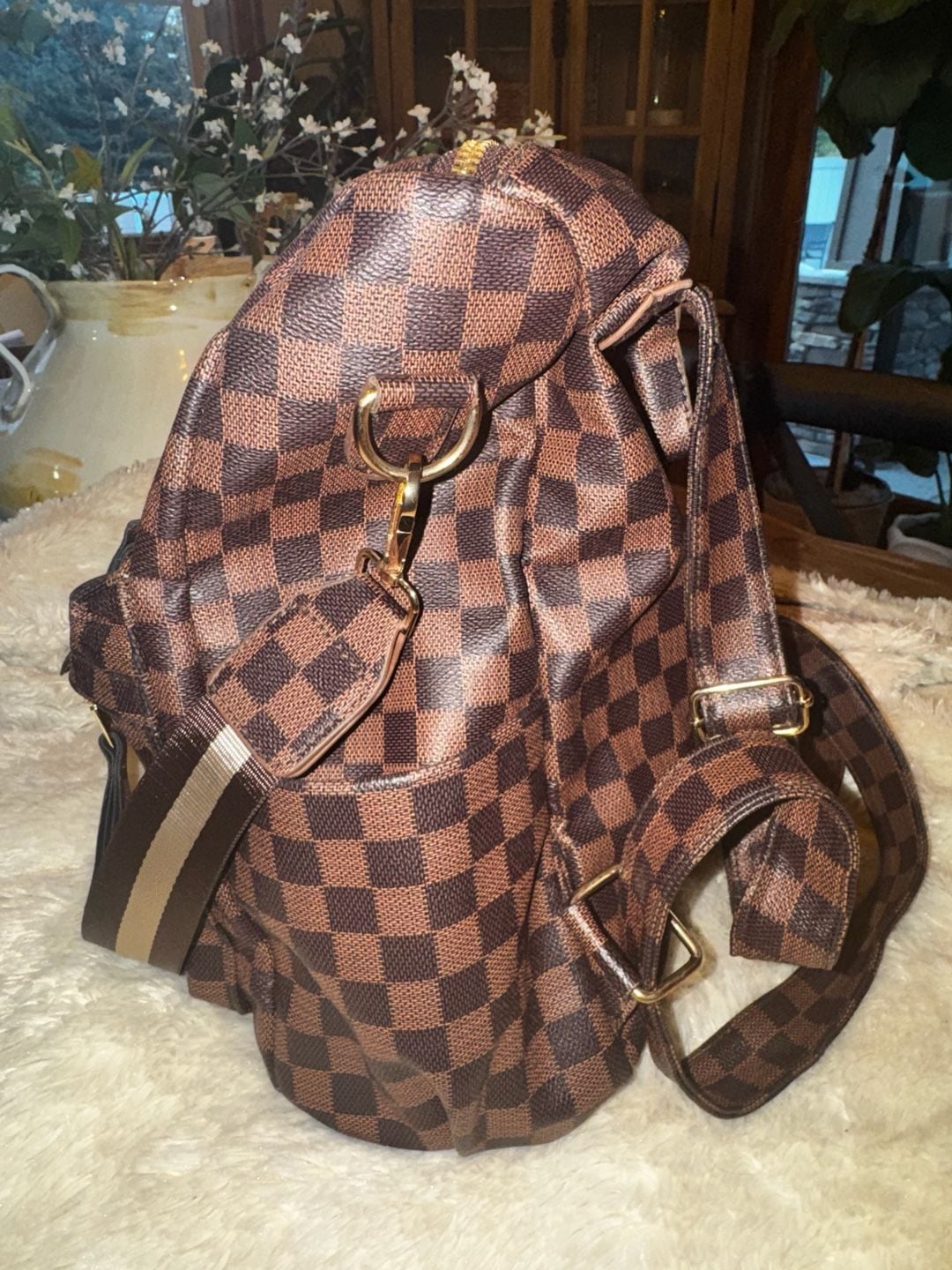 Checkered PU Backpack Brown Tassel Shoulder Bag 5