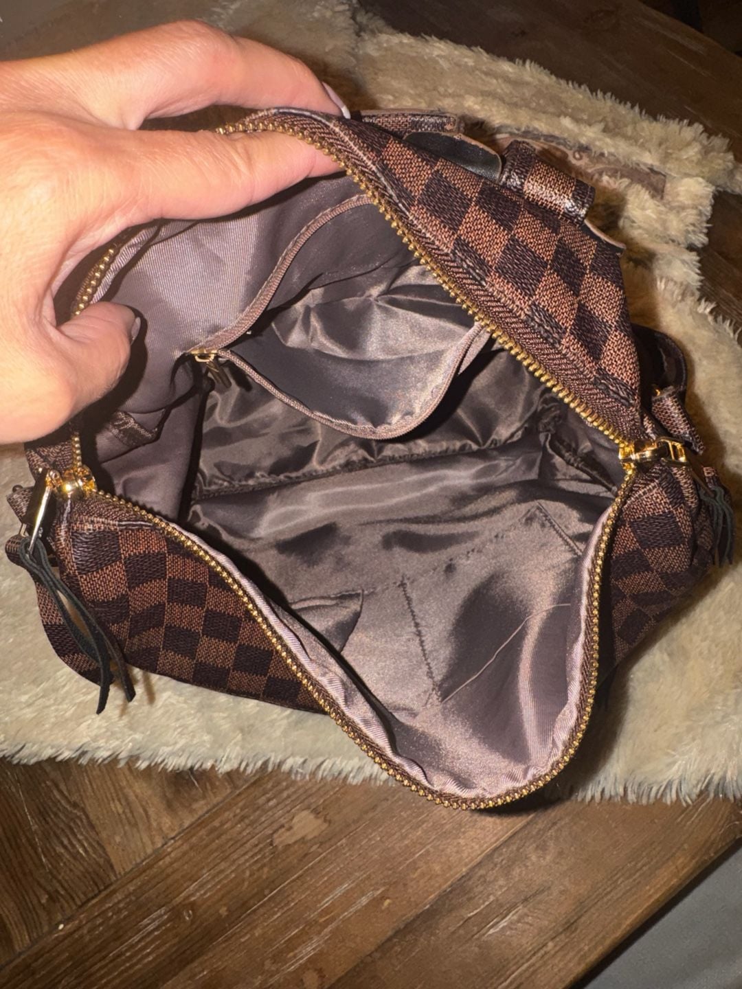 Checkered PU Backpack Brown Tassel Shoulder Bag 7