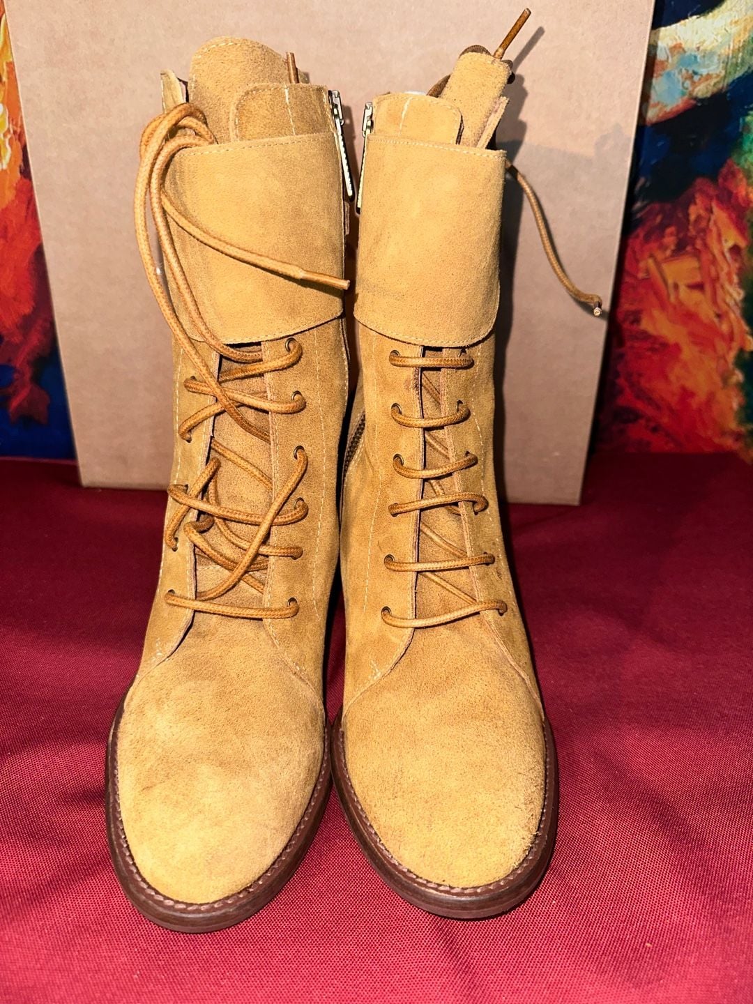 No.70 Veracruz Suede Floral Embroidered Lace Up Boots Tan 2