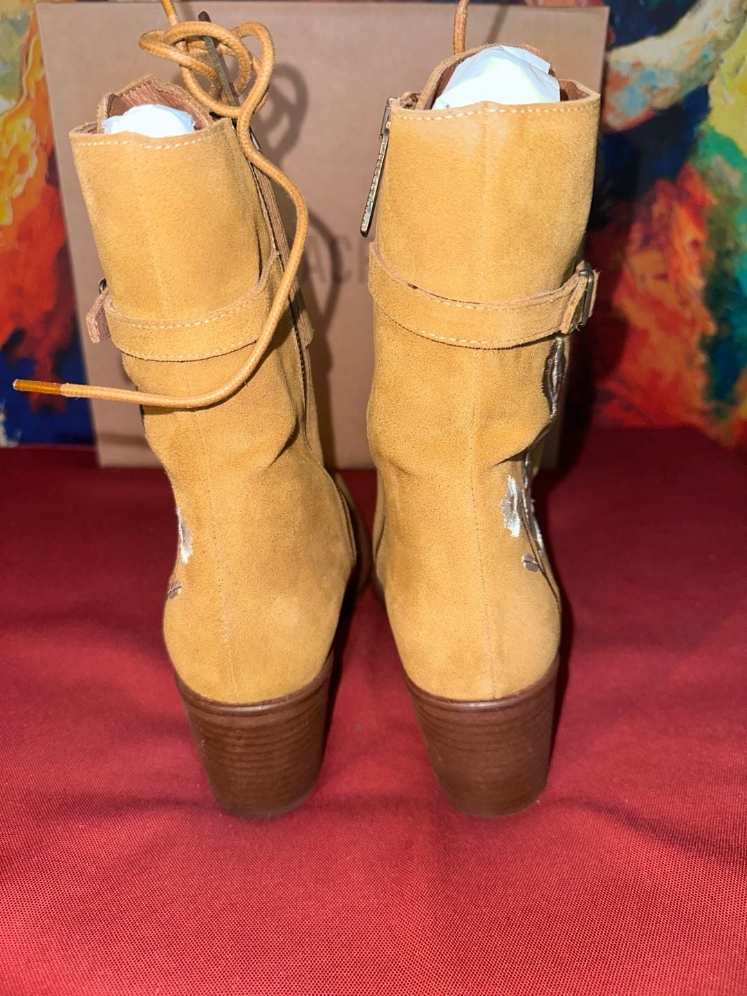 No.70 Veracruz Suede Floral Embroidered Lace Up Boots Tan 6