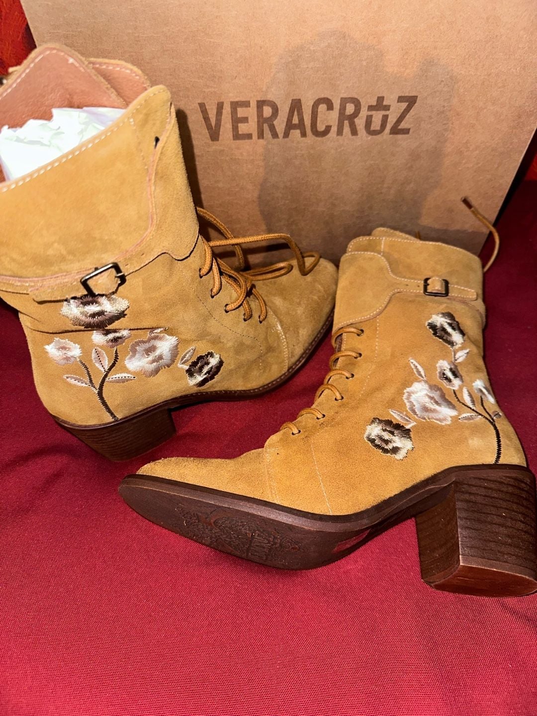 No.70 Veracruz Suede Floral Embroidered Lace Up Boots Tan 12