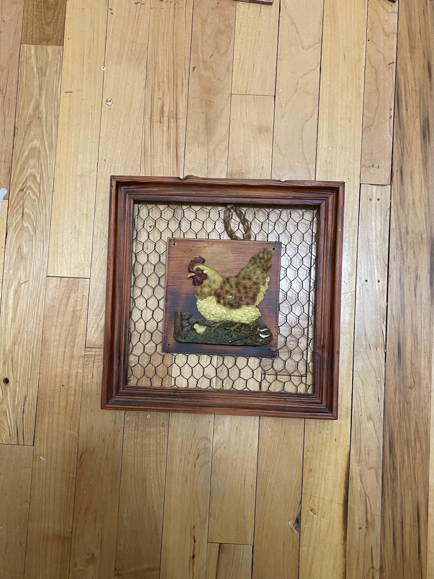 CHICKEN WOOD AND WIRE Wall Hanging Resin Chicken with 3D effect Twine Hanger Vtg 1