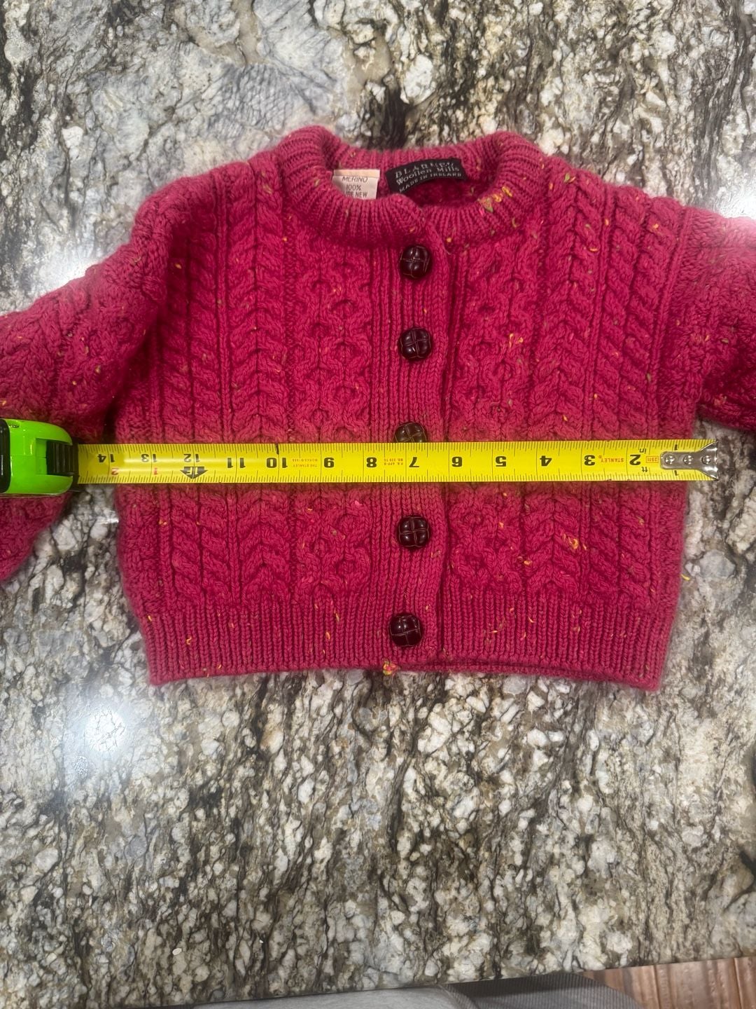 Blarney Woollen Mills Merino Wool Children’s Cardigan Size S Pink Cable Knit Sweater Made 8