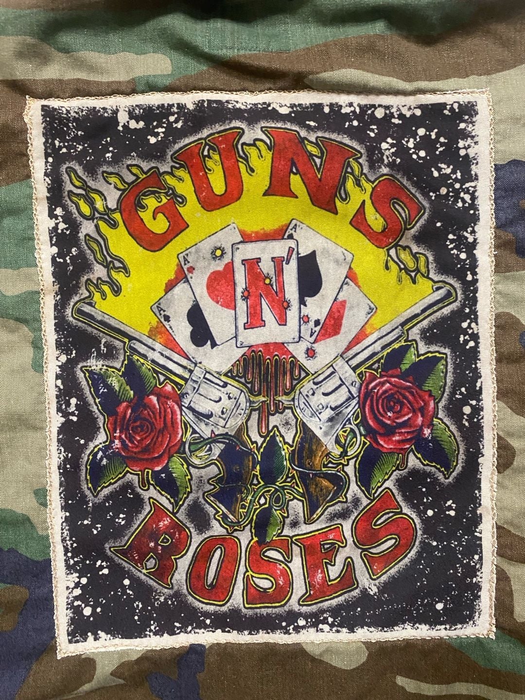 Cropped Vintage Custom Upcycled Military Camo Jacket Guns N Roses Size M Long 7