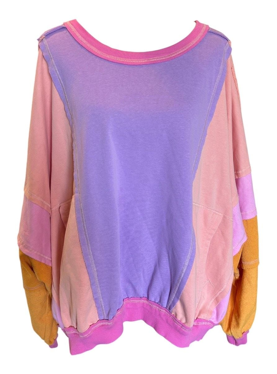 BiBi Color Block Exposed Seam Sweatshirt Size XL Pink Purple Yellow 2