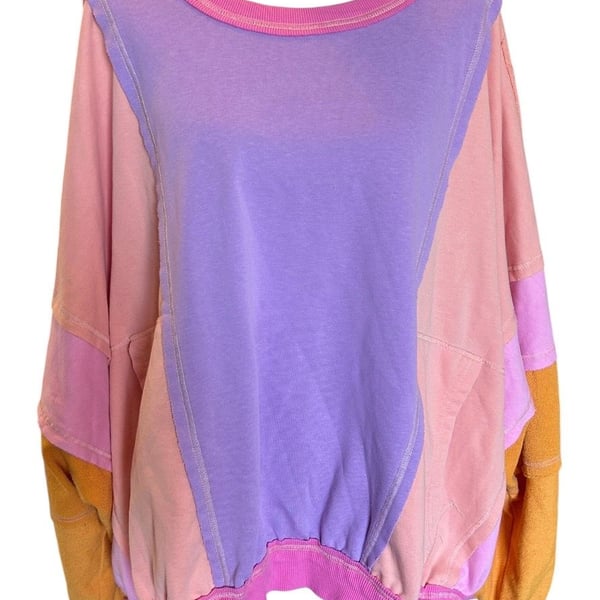 BiBi Color Block Exposed Seam Sweatshirt Size XL Pink Purple Yellow