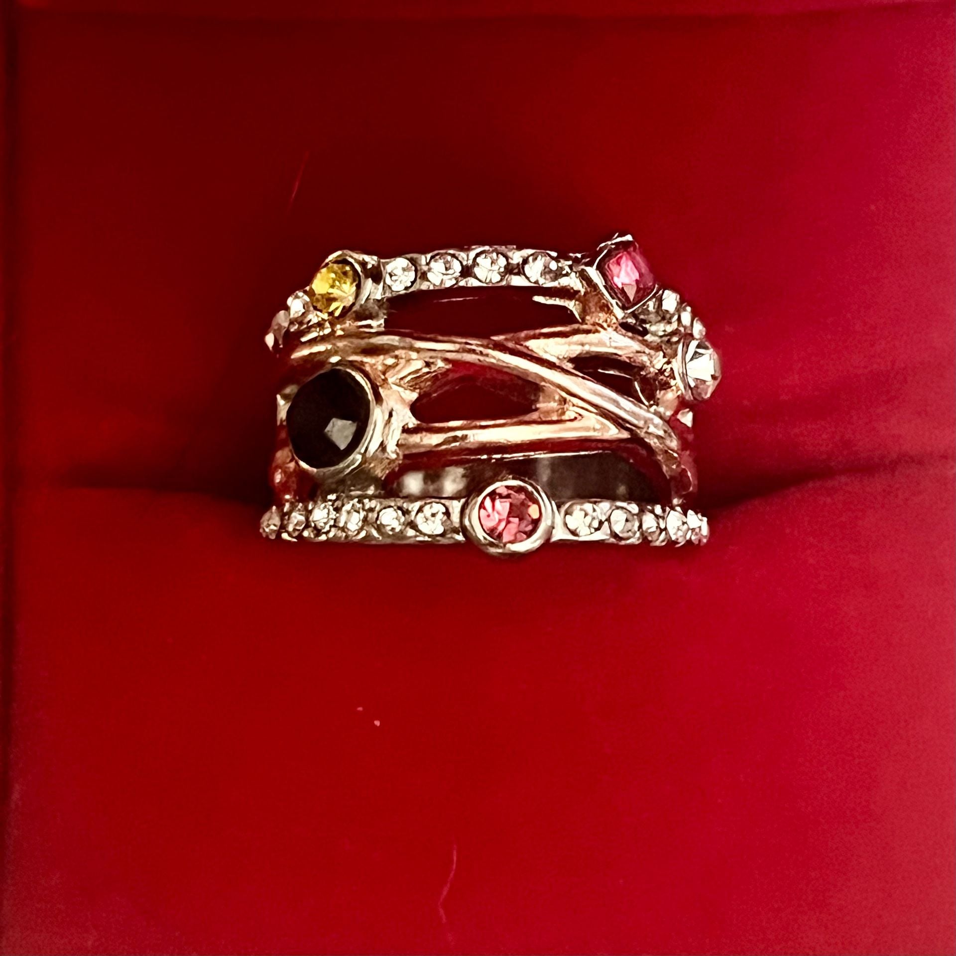 Vintage Rose Gold Multi-Stone Wide Rhinestone Ring Size 6 1